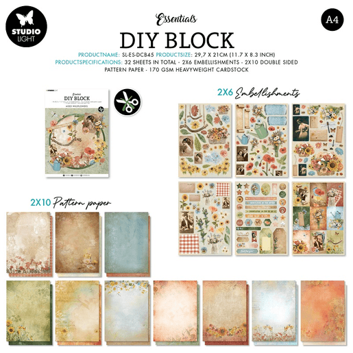 DIY Blok s výseky Studio Light "Aged Wildflowers", A4, 32 l. - Vintage polní květiny