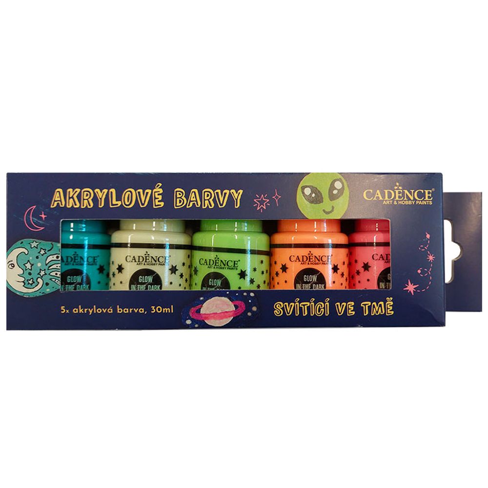 Levně Cadence Akrylové barvy Cadence, sada 5 ks, 30 ml - svítící ve tmě
