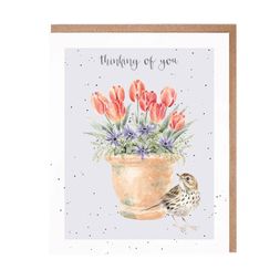 Přání Wrendale Designs "The Meadow Pipit" - Linduška a tulipány