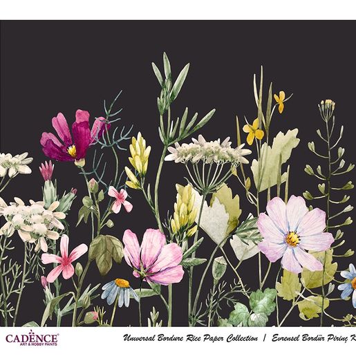 Rýžový papír Cadence v roli, 30x68 cm - Rozkvetlá louka, černý podklad