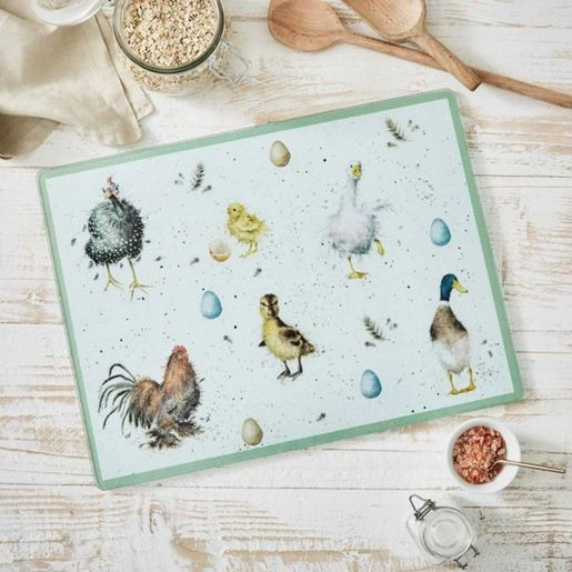 Skleněná krájecí deska Wrendale Designs "The Country Set" - Ptáčci na farmě