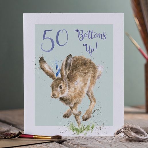 Narozeninové přání Wrendale Designs "50 Bottoms Up!" - Zajíc