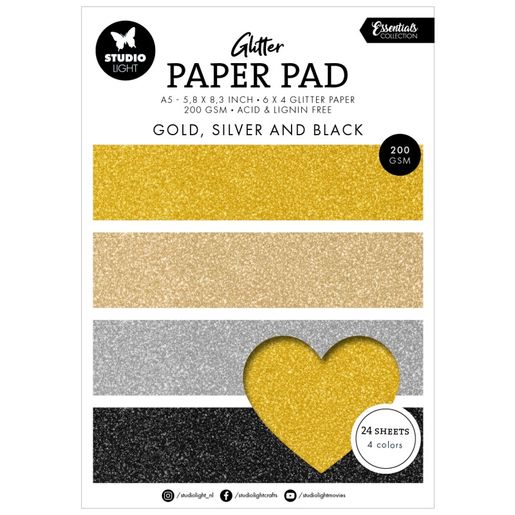 Blok třpytivých papírů Studio Light, A5, 24 l. - zlaté, stříbrné, černé