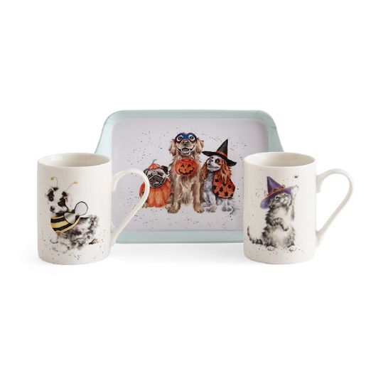 Sada podnosu a hrnků Wrendale Designs "Trick or Treat" - Kočky a psi
