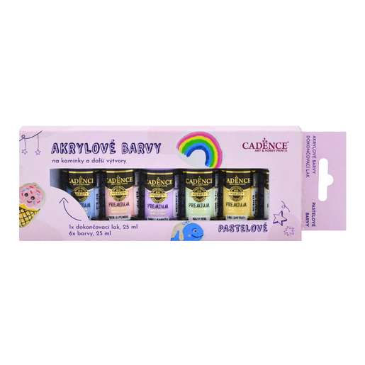 Akrylové barvy na kamínky Cadence, sada 6 ks a akrylový lak, 25 ml - pastelové