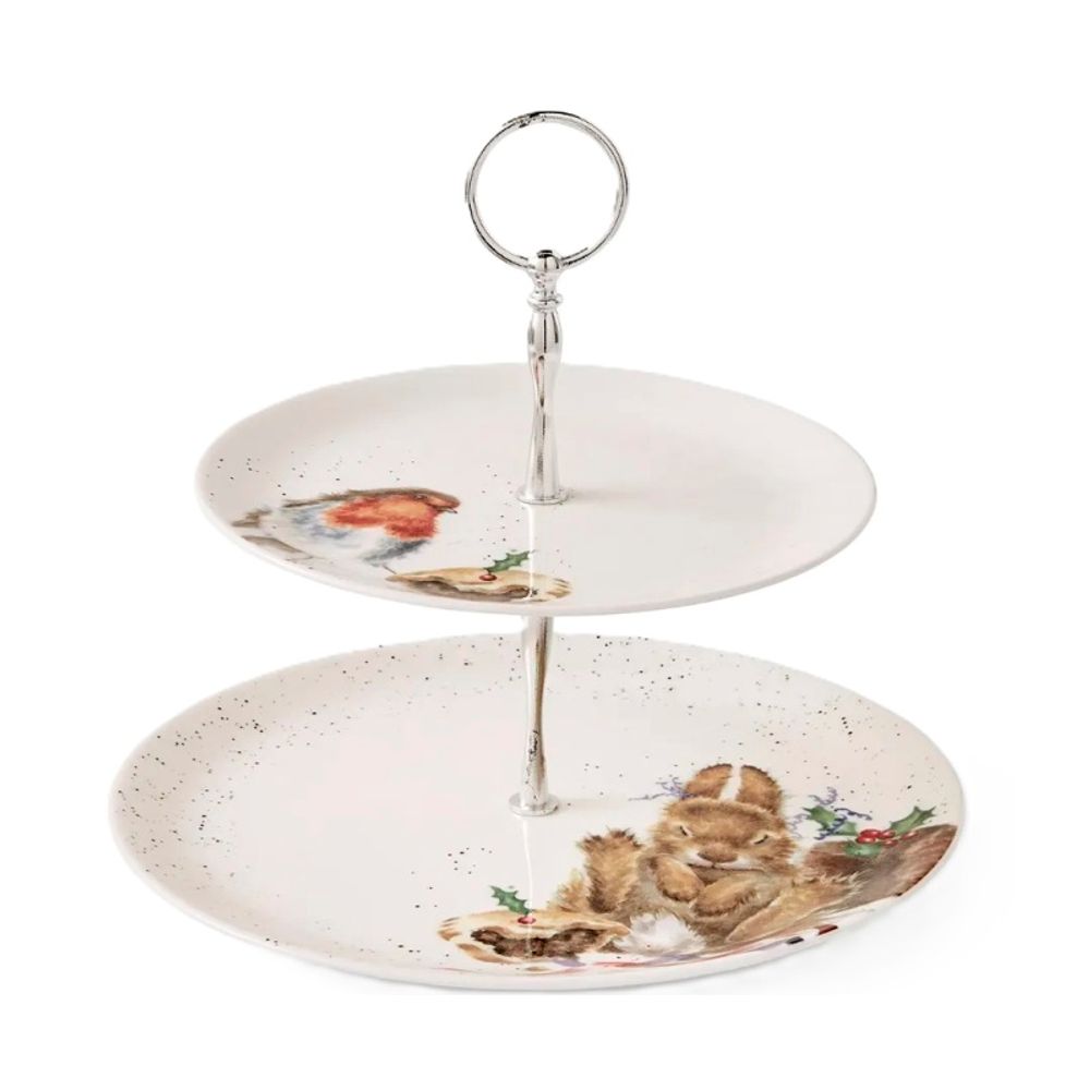 Royal Worcester Vánoční porcelánový etažér Wrendale Designs, 2 patrový - Červenka a králík