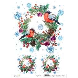 Rýžový papír Cadence, A4 - Vánoční věnce s ptáčky
