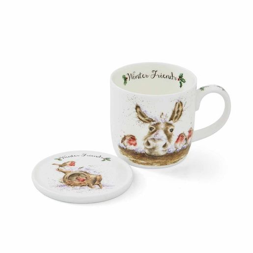 Porcelánový hrnek s podšálkem Wrendale Designs "Winter Friends", 0,31 l - Oslík a červenky