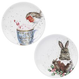 Vánoční porcelánové talířky Wrendale Designs, 2 ks - Červenka a králík