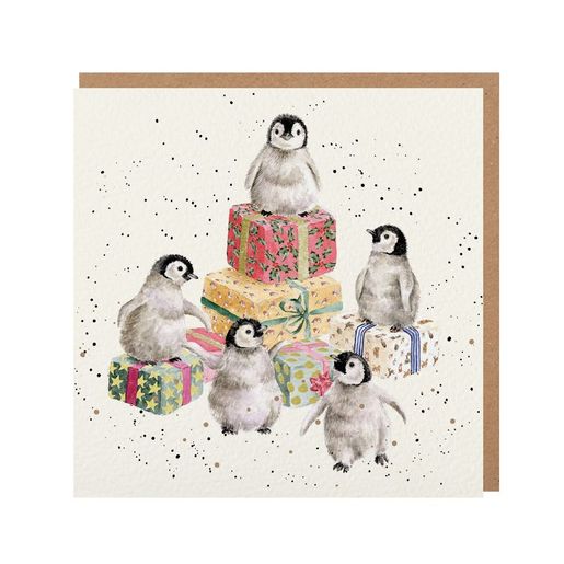 Přání Wrendale Designs "Penguin Pandemonium", 15x15 cm - Vánoční tučňáci