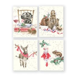 Vánoční dárkové kartičky Wrendale Designs, 16 ks, 4 motivy - Oslík, myš, pes, zajíc