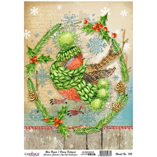Rýžový papír Cadence, A4 - Vánoční kolekce, ptáček se šálou