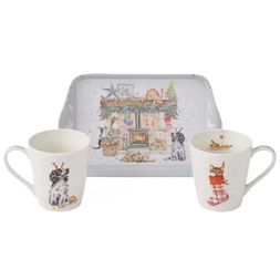 Sada podnosu a hrnků Wrendale Designs "No Place Like Home" - Vánoční mazlíčci