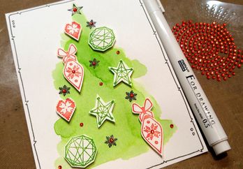 Akvarelový vánoční stromeček s razítky