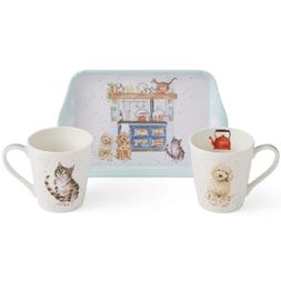 Sada podnosu a hrnků Wrendale Designs - Mazlíčci v kuchyni