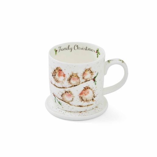 Vánoční porcelánový hrnek s podšálkem Wrendale Designs "Family Christmas", 0,31 l - Ptáčci
