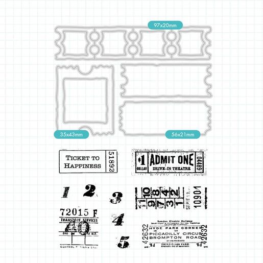 Vyřezávací šablony a razítka Studio Light "Romantic Moments", 19 ks - Vintage jízdenky