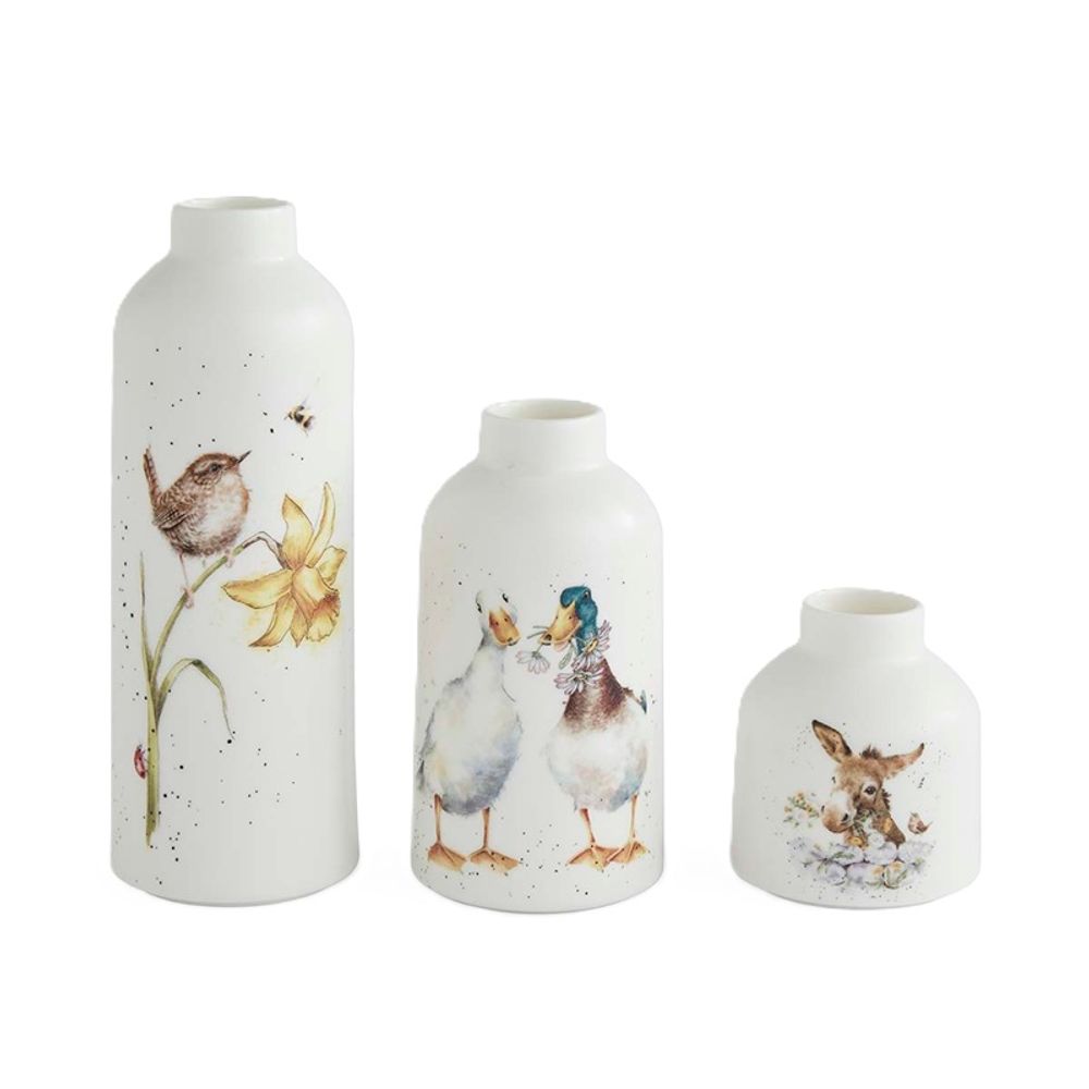 Royal Worcester Porcelánové vázy Wrendale Designs, 3 ks - Střízlík, kachny, oslík