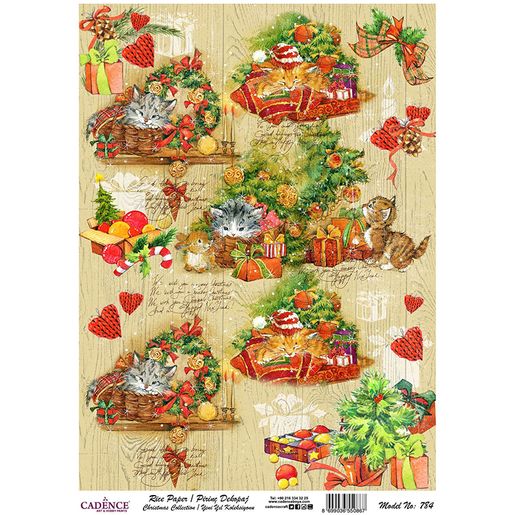 Rýžový papír Cadence, A4 - Vánoční kolekce, kočky u stromečku