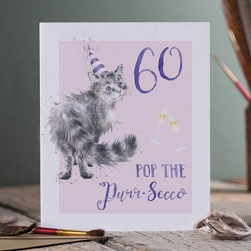 Narozeninové přání Wrendale Designs "60 Pop the Purr-secco" - Kočka