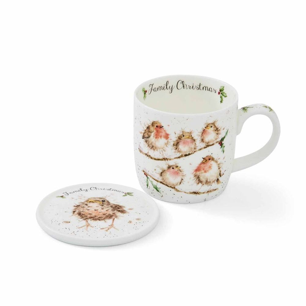 Royal Worcester Vánoční porcelánový hrnek s podšálkem Wrendale Designs "Family Christmas", 0,31 l - Ptáčci