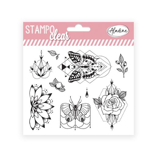 Gelová razítka Aladine Stampo CLEAR, 9 ks - Motýli v květinách