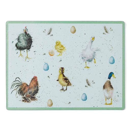 Skleněná krájecí deska Wrendale Designs "The Country Set" - Ptáčci na farmě