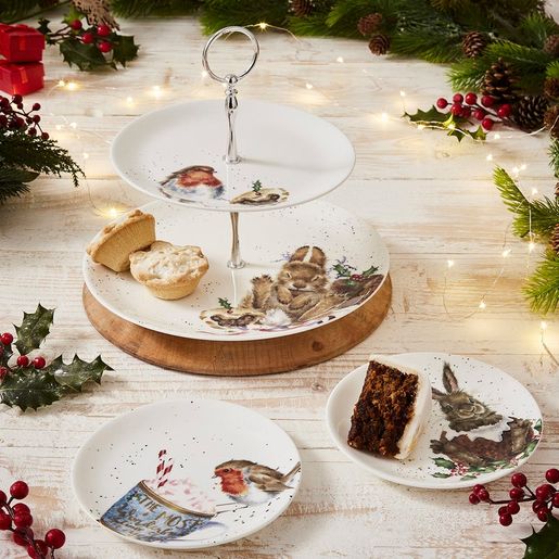Vánoční porcelánový etažér Wrendale Designs, 2 patrový - Červenka a králík
