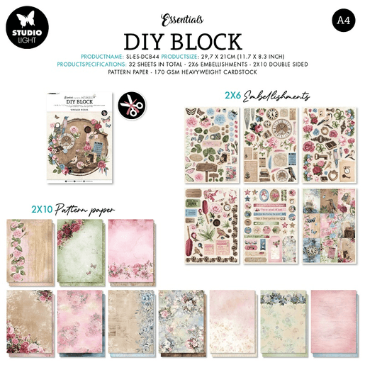 DIY Blok s výseky Studio Light "Vintage Roses", A4, 32 l. - Vintage růže