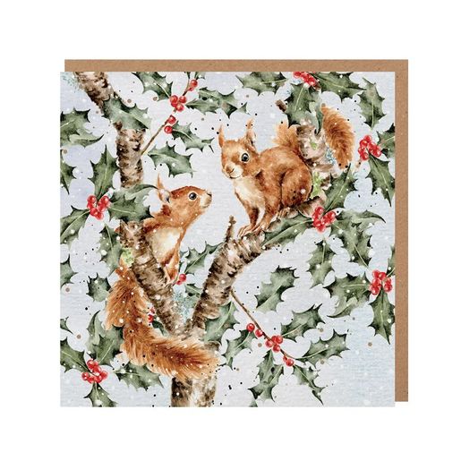 Přání Wrendale Designs "Under the Holly Boughs", 15x15 cm - Vánoční veverky