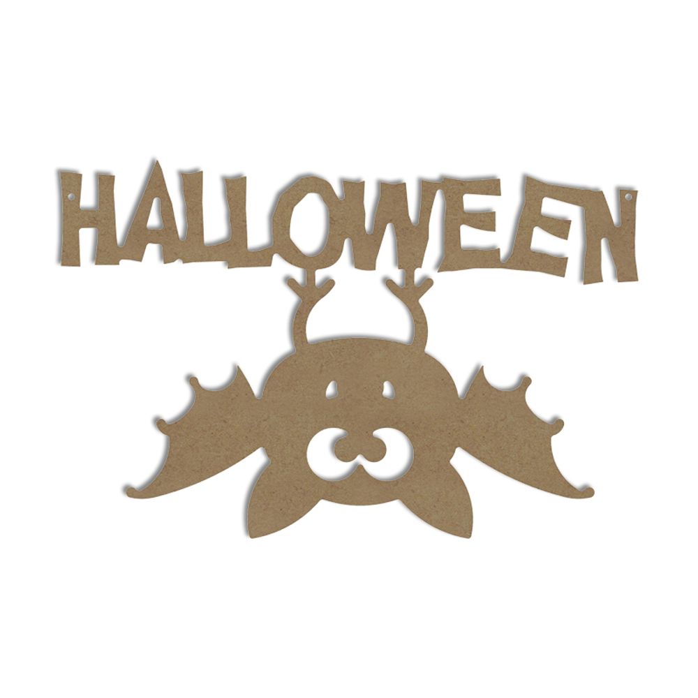 Dřevěný výřez k dekoraci Gomille závěsný, 36 x 23 cm – nápis Halloween s netopýrem Aladine