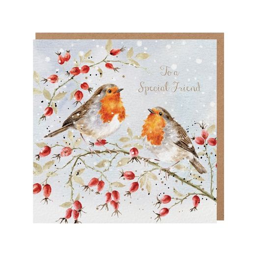 Přání Wrendale Designs "Feathers and Friendship", 15x15 cm - Vánoční červenky