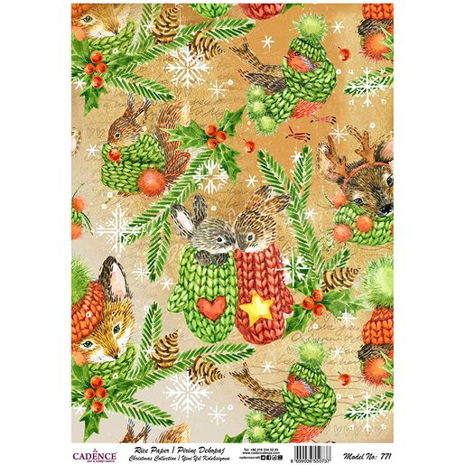 Rýžový papír Cadence, A4 - Vánoční kolekce, zvířátka v rukavičkách