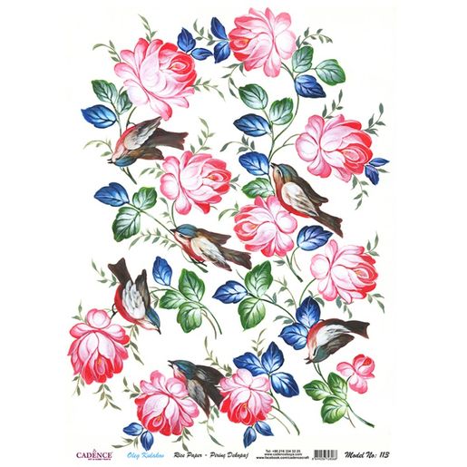 Rýžový papír Cadence, A4 - Ptáčci a růže
