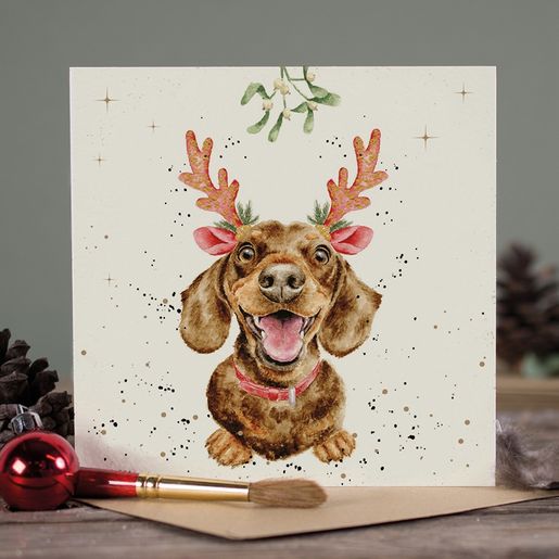Přání Wrendale Designs "Mistletoe and Barks", 15x15 cm - Vánoční jezevčík