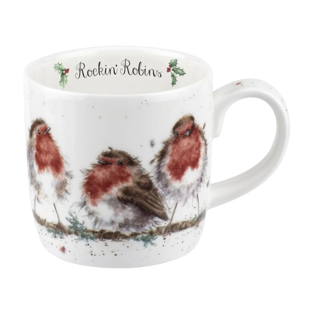 Royal Worcester Vánoční porcelánový hrnek Wrendale Designs "Rockin' Robins", 0,31 l - Červenky