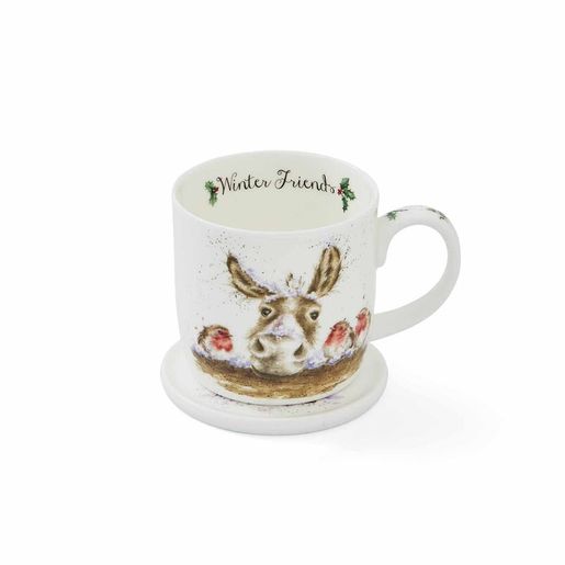 Porcelánový hrnek s podšálkem Wrendale Designs "Winter Friends", 0,31 l - Oslík a červenky