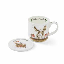 Porcelánový hrnek s podšálkem Wrendale Designs "Winter Friends", 0,31 l - Oslík a červenky