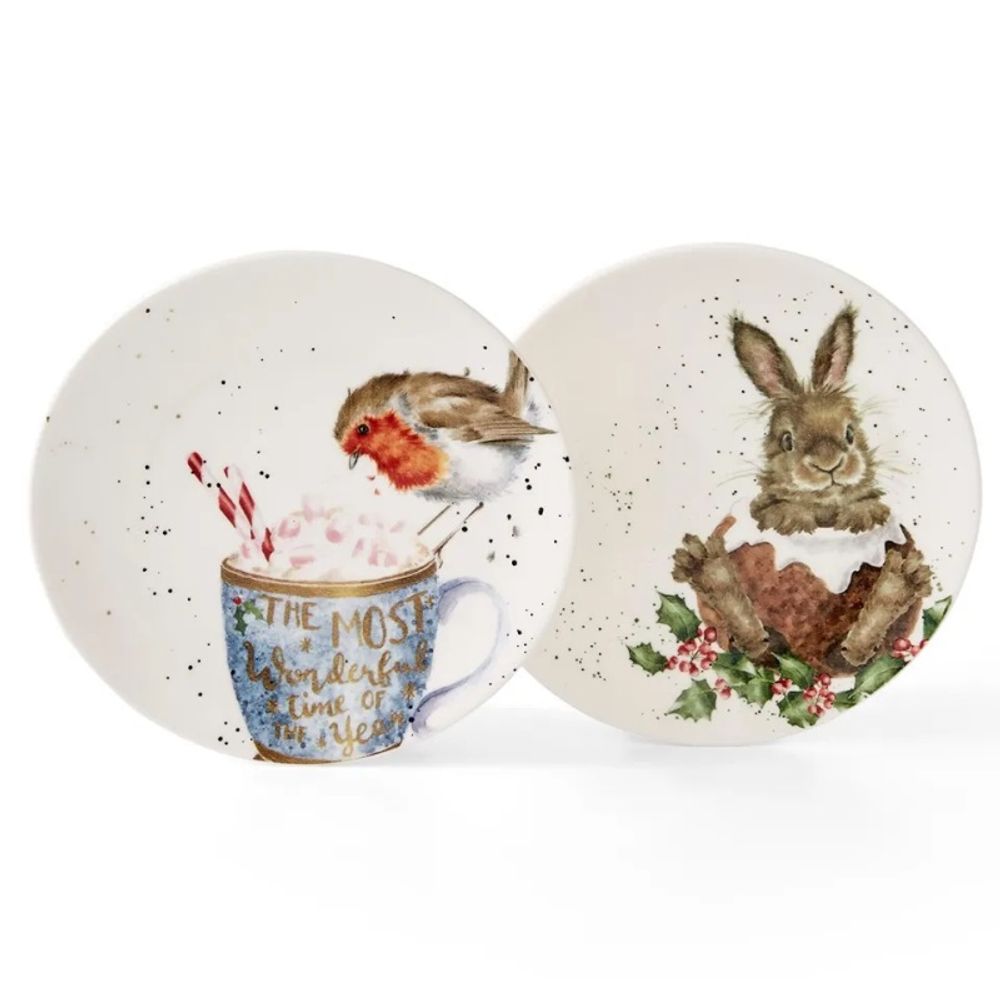 Royal Worcester Vánoční porcelánové talíře Wrendale Designs, 16,5 cm, sada 2 ks - Červenka a králík