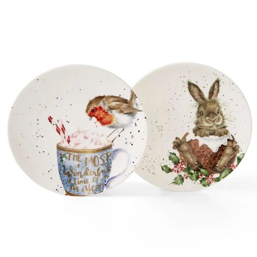 Vánoční porcelánové talíře Wrendale Designs, 16,5 cm, sada 2 ks - Červenka a zajíc