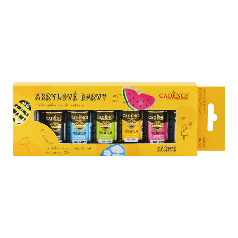 Levně Cadence Akrylové barvy Cadence, 25 ml, sada 6 ks a akrylový lak - zářivé