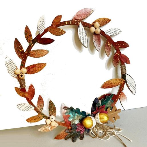 Dřevěný výřez k dekoraci Gomille, 35 cm - Věnec s listy, velký