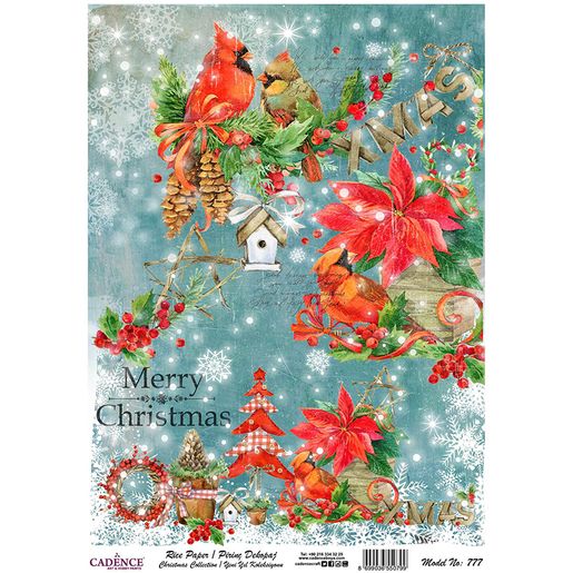 Rýžový papír Cadence, A4 - Vánoční kolekce, ptáček a vánoční hvězda