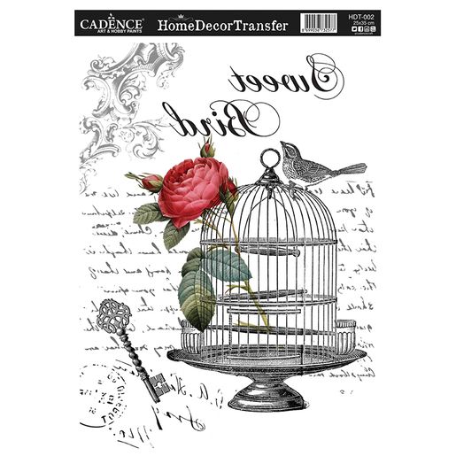 Transferový obrázek Cadence, 25x35 cm, HomeDeco - Klec s ptáčkem a růží